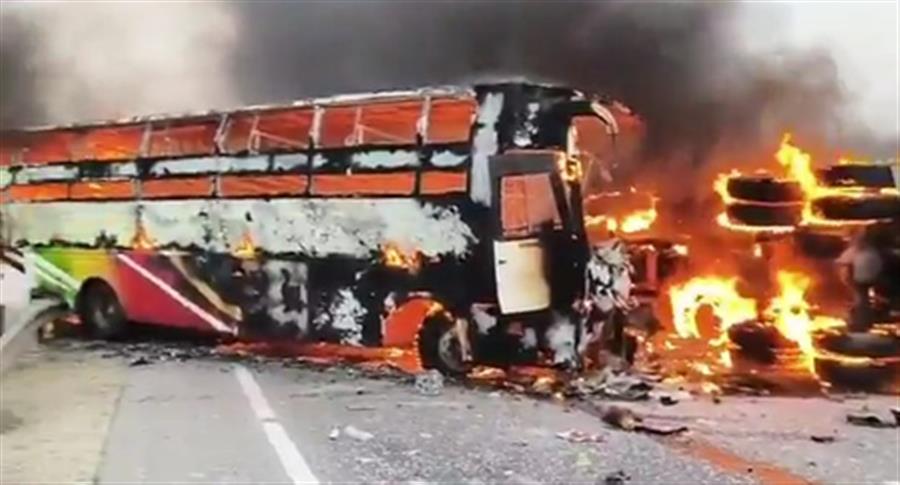 14 killed as bus catches fire after colliding with tipper truck in ...