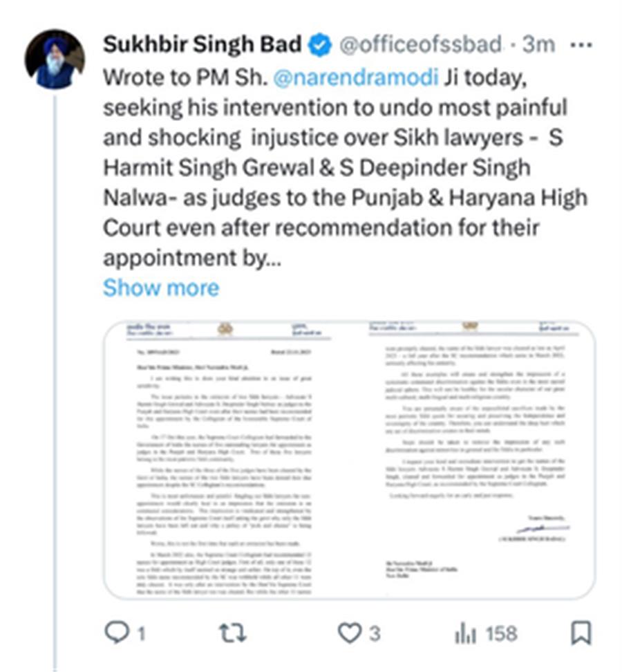 Sukhbir seeks PM Modi's intervention in appointment of Sikhs as judge