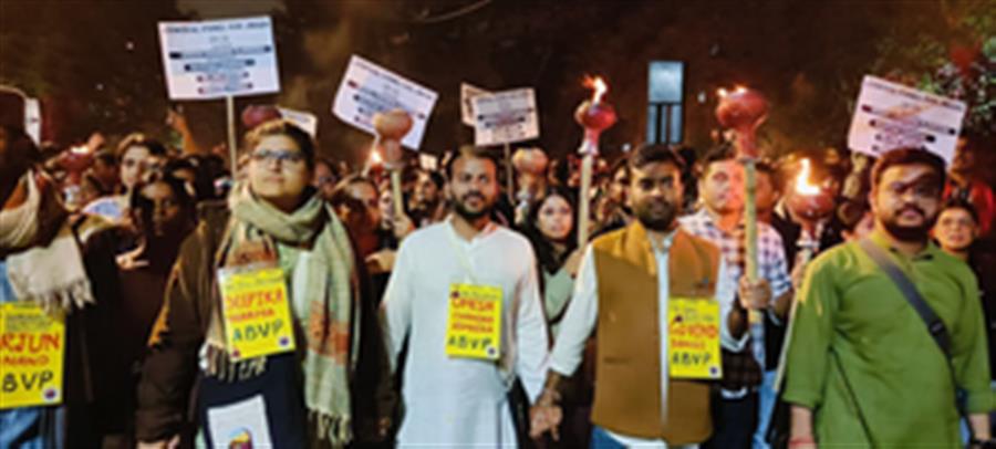 Students in large numbers join ABVP's 'Mashal Yatra' in JNU